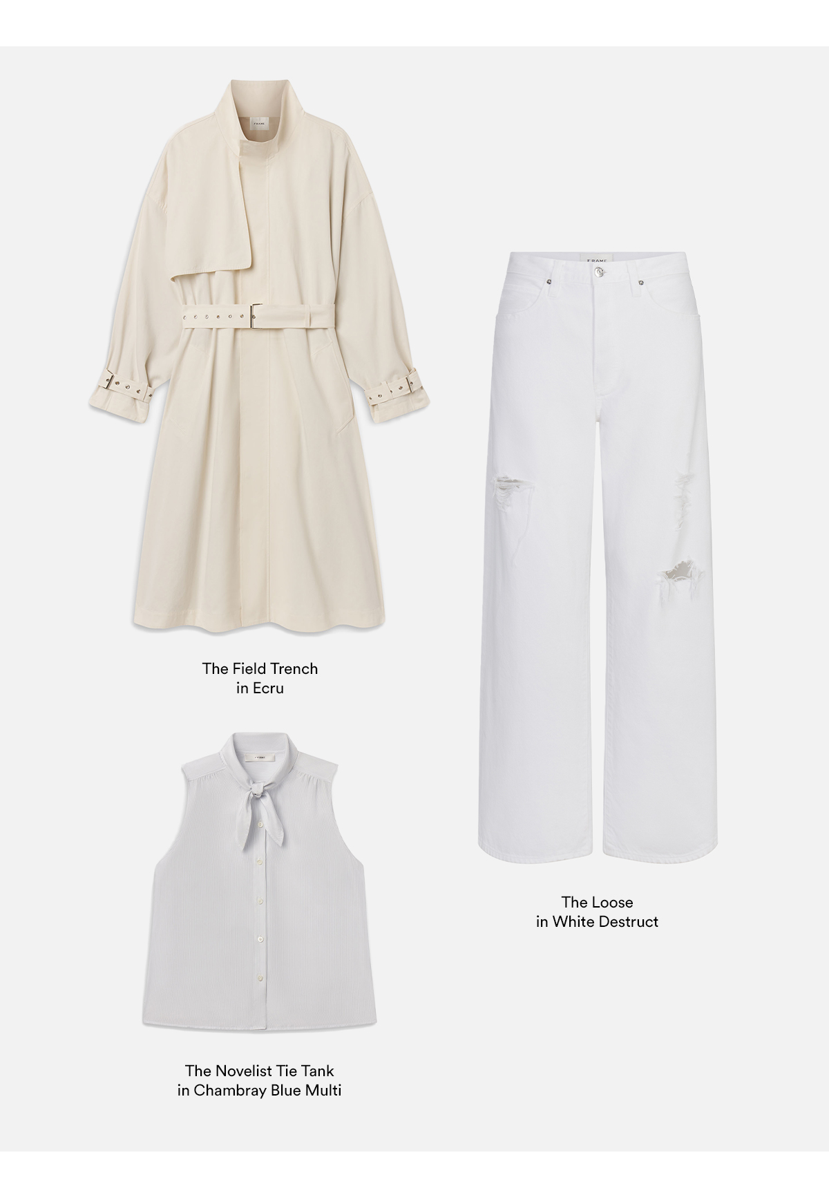 Outfit layout featuring the small denim jacket in dawn, embroidered seaside shirt in black, and essential jean in rapture