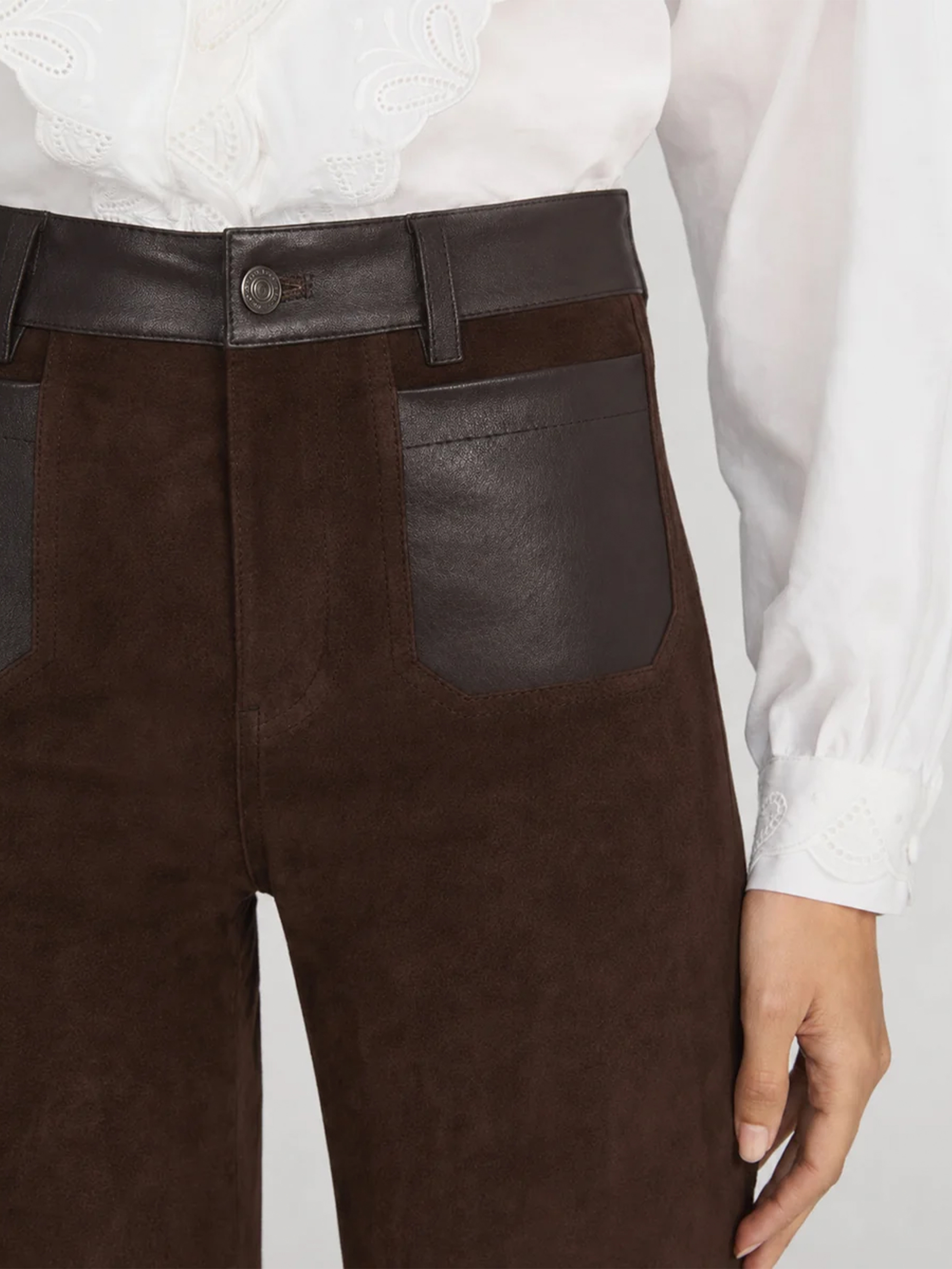 THE SUEDE AND LEATHER SLIM PALAZZO MODERNIST POCKET IN DARK BROWN