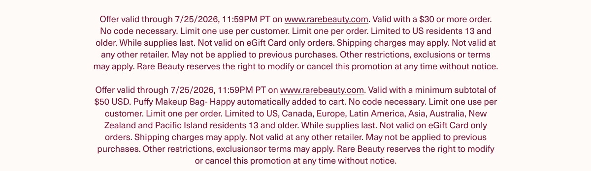 Rare Beauty Sales & Promotions Disclaimer