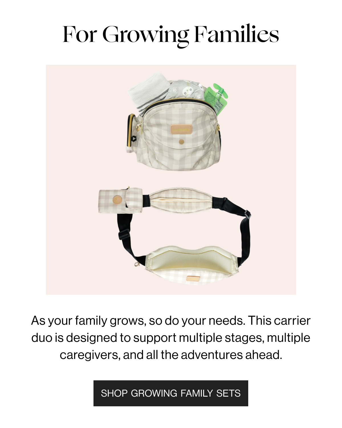 For Growing Families - As your family grows, so do your needs. This carrier duo is designed to support multiple stages, multiple caregivers, and all the adventures ahead. - Shop Growing Family Sets