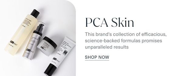pca skin. this brands collection of efficacious, science backed formulas promises unparalleled results. shop now. the image is of assorted pca skins laying down on a light grey background