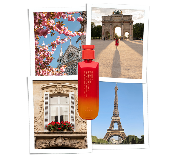 r and co bleu primary color ultra protection spray with travel polaroid pictures behind it