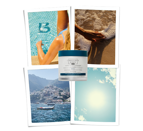 christophe robin cleansing purifying scrub with sea salt with travel polaroid pictures behind it
