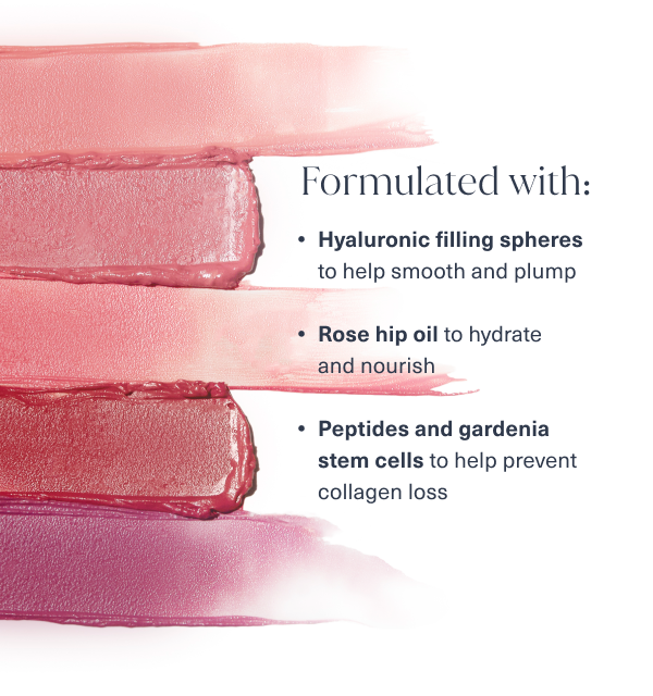 formulated with hyaluronic filling spheres to help smooth and plump, rose hip oil to hydrate and nourish, peptides and gardenia stem cells to help prevent collagen loss