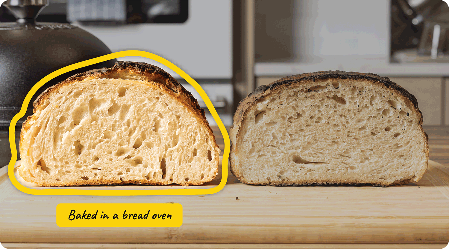 Two loaves side by side illustrating the advantage of a bread oven