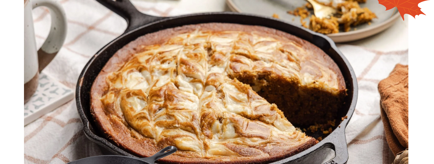 Pumpkin swirl skillet cake in a