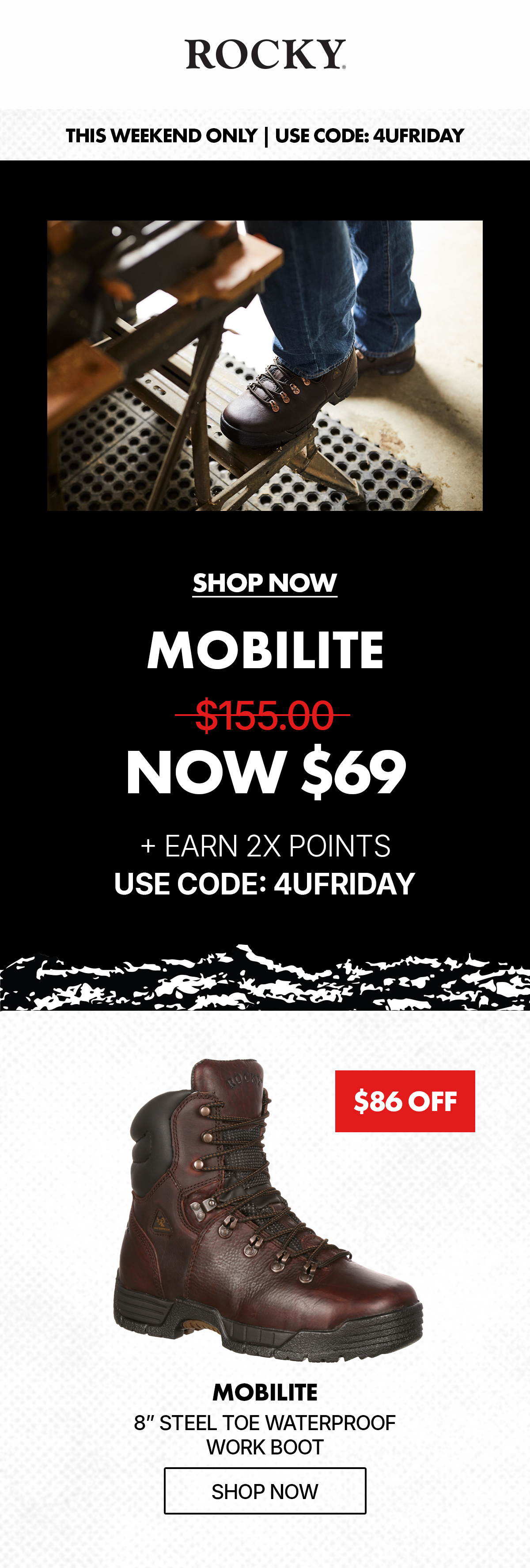 this weekend only | use code: 4UFRIDAY and save $86 on $69 Rocky Mobilite 8'' steel toe waterproof  work boots | shop now