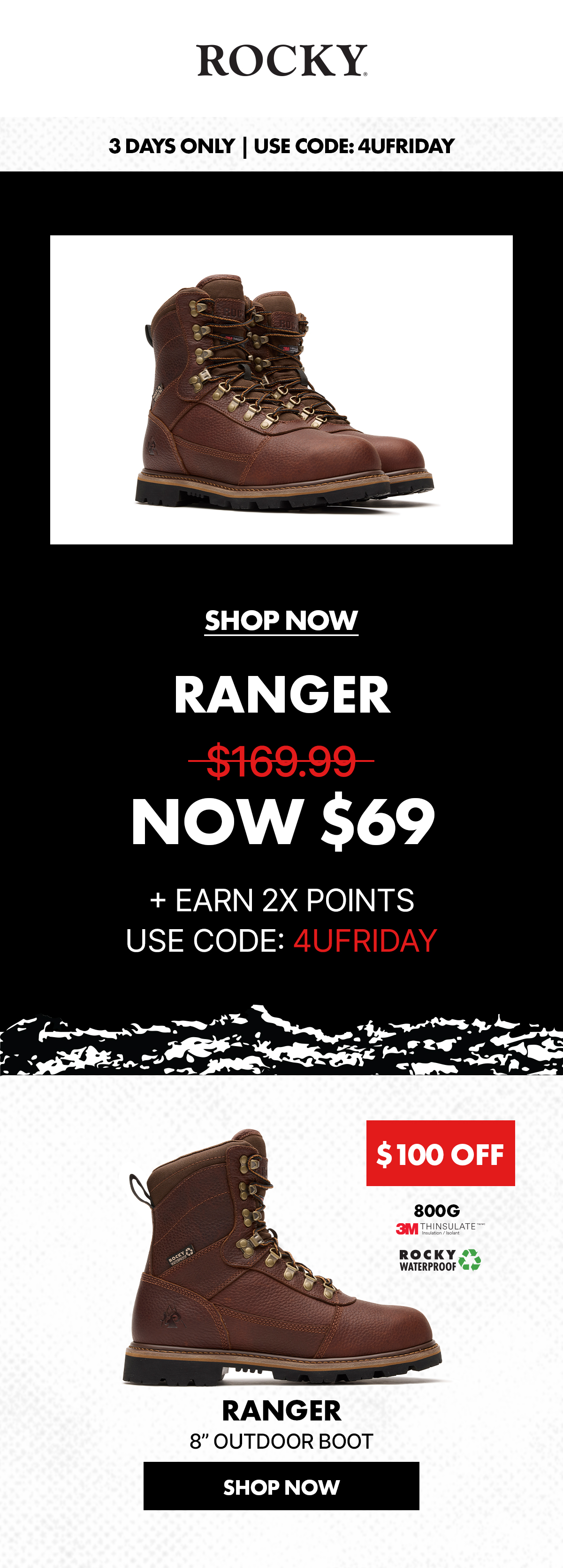 rocky boots | 3 days only | use code: 4UFRIDAY | save $100  on ranger outdoor boots | Now only $69