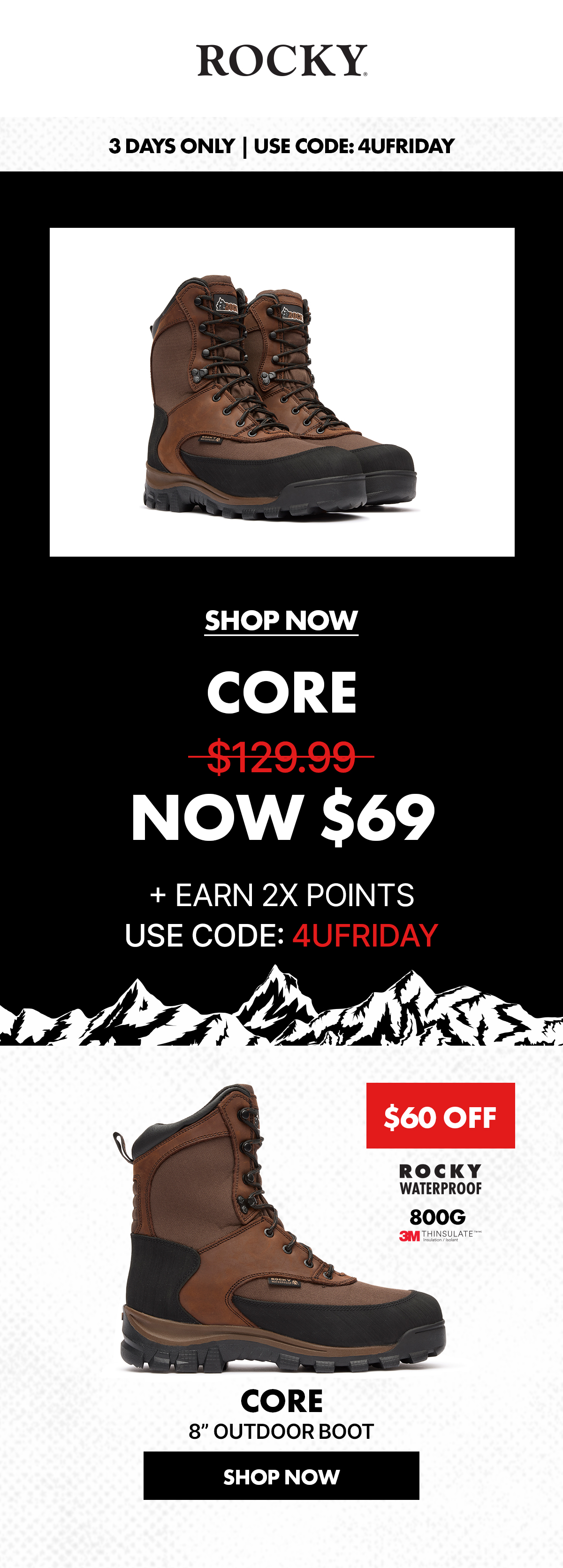 rocky boots | 2 days only | use code: 4UFRIDAY | save $60 on core waterproof insulated hunting boots | Now only $69