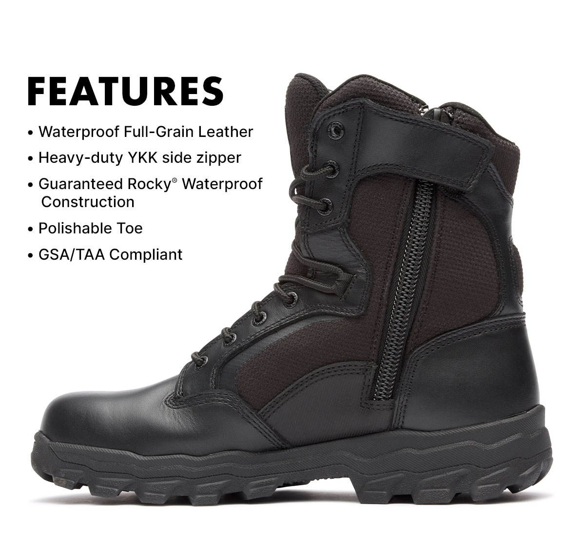 features waterproof full-grain leather, heavy-duty YKK side zipper,  waterproof construction, polishable toe, GSA/TAA compliant