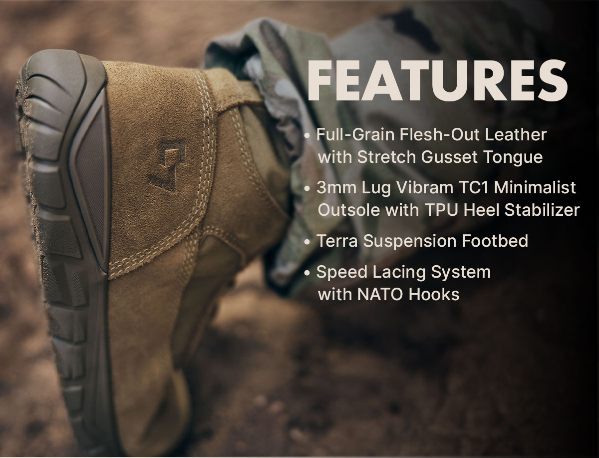 features full grain flesh out leather with stretch gusset tongue, 3mm lug vibram tc1 minimalist outsole, terra suspension footbed, speed lacing system with nato hooks