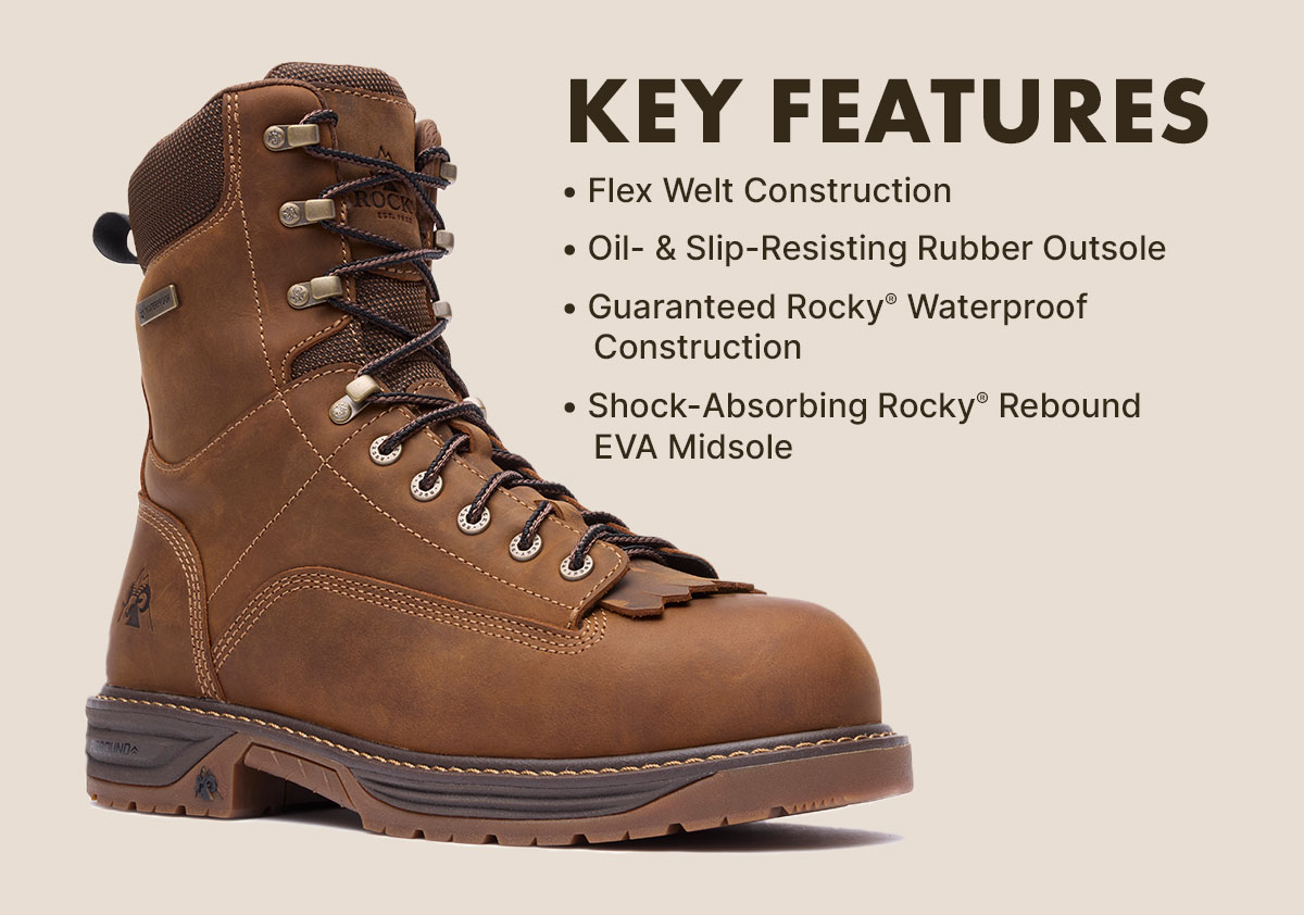 key features flex welt construction, oil & slip-resisting rubber outsole, guaranteed rocky waterproof construction, shock-absorbing rocky rebound eva midsole
