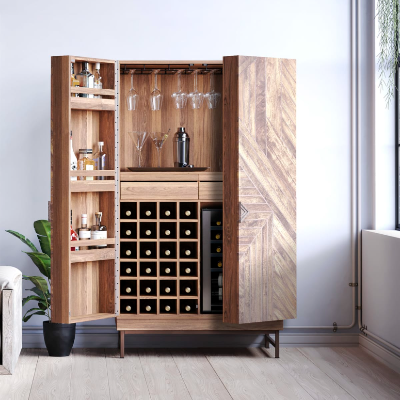 Cheverny Metal Inlay Bar Cabinet with Cooling Storage Option