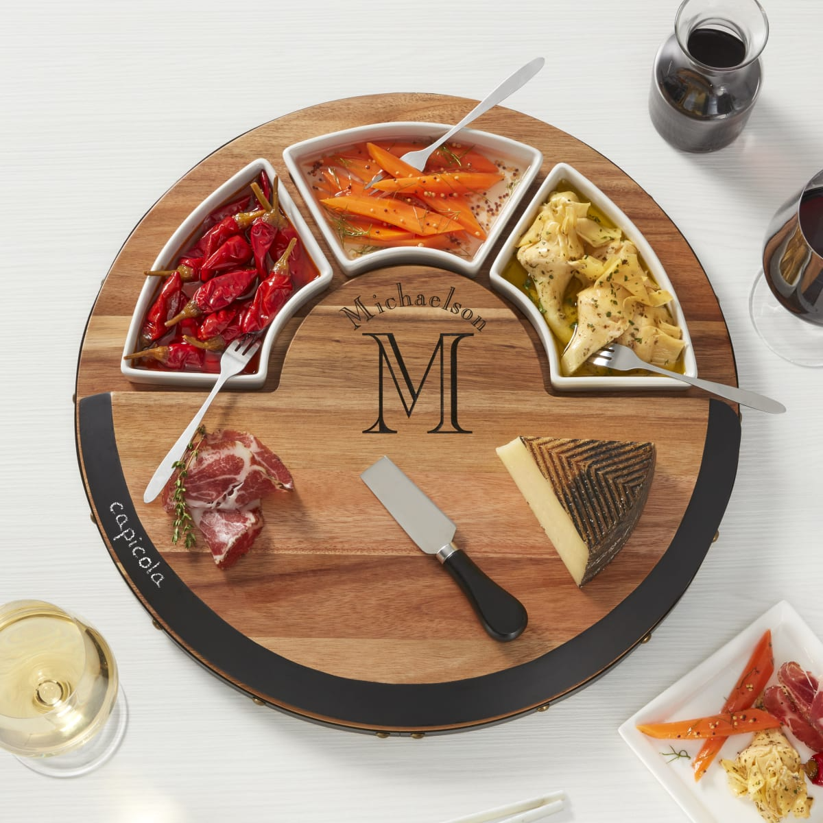 Barrel-Inspired Acacia Wood and Chalkboard Swivel Cheeseboard Set