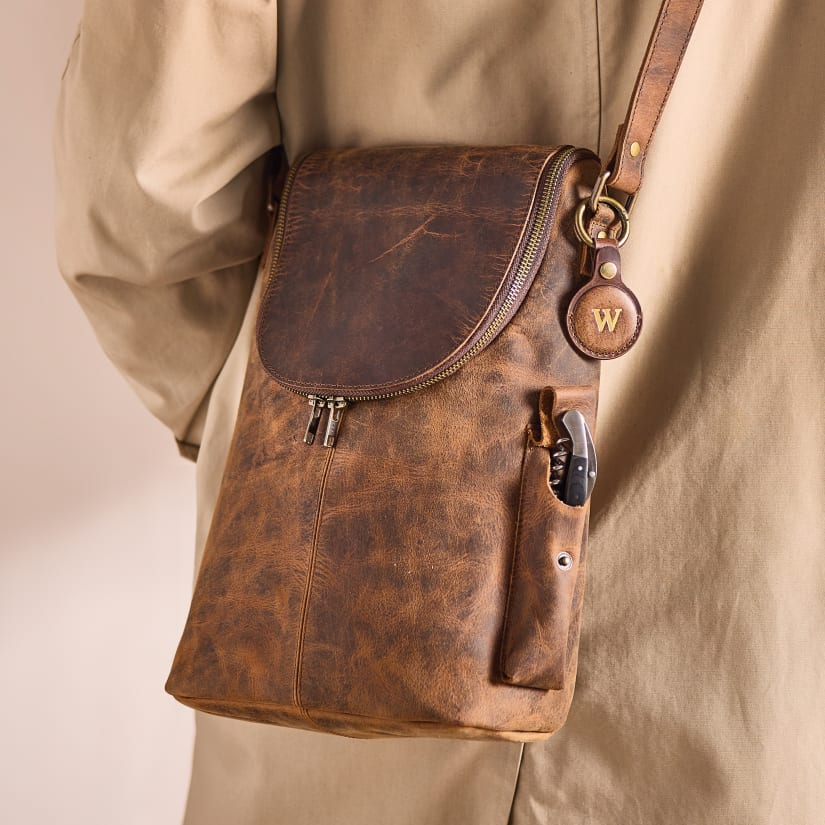 Full Grain Buffalo Leather 2-Bottle Crossbody Wine Bag