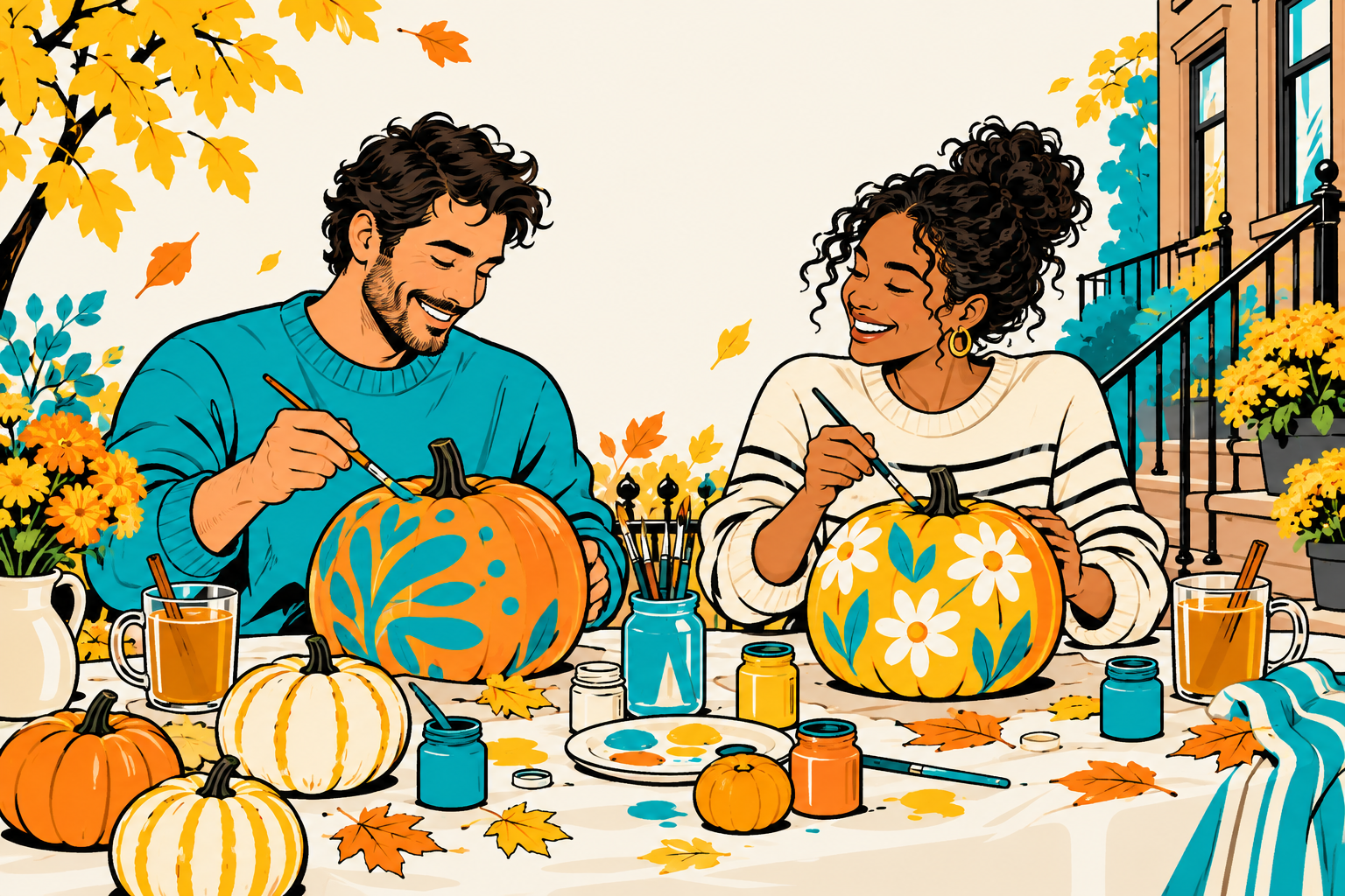 Illustration of a festive pumpkin decorating party